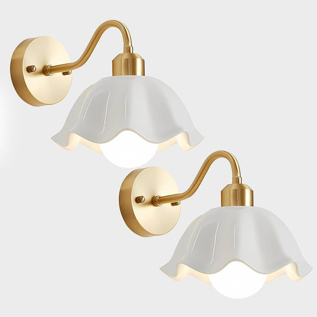 Magiroz Gold Wall Sconces Set of Two Vintage Industrial Wall Lights Modern Farmhouse Sconces Wall Lighting Indoor Wall Mount Light Fixture with White Glass Lampshade Hardwire Wall Lamp MWL02-2B