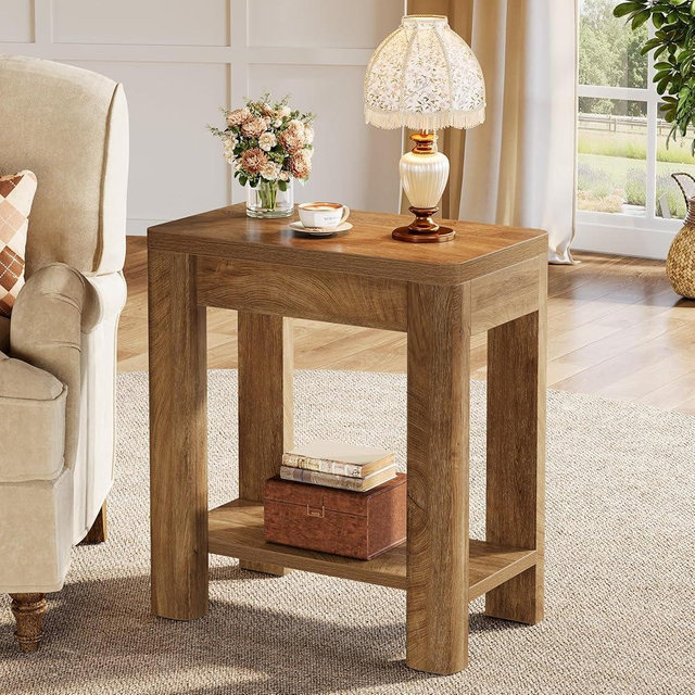 Tribesigns End Table for Living Room, Farmhouse Wooden Side Table with Storage Shelf, Small Narrow Bedside Accent Furniture for Bedroom (Brown, 1PC)