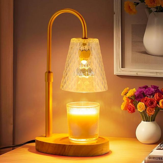Candle Warmer Lamp with Timer: Electric Candles Warmers Adjustable Height Dimmable - Large Wax Candle Warmers Lamps Scented Flower Light - Home Decor Vintage Wood Base Shade Heat Modern Style Gold