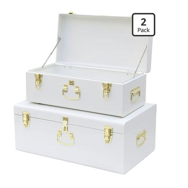 Vixdonos Decorative Metal Box Storage Trunks Set of 2 College Dorm Chest with Lock Hole,23.7X14.2X9.5 Inches(White)