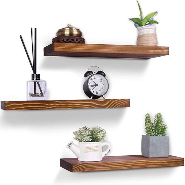 HXSWY Rustic Wood Floating Shelves Farmhouse Wooden Wall Shelves for Bathroom Bedroom Living Room Kitchen Office Light Brown Set of 3