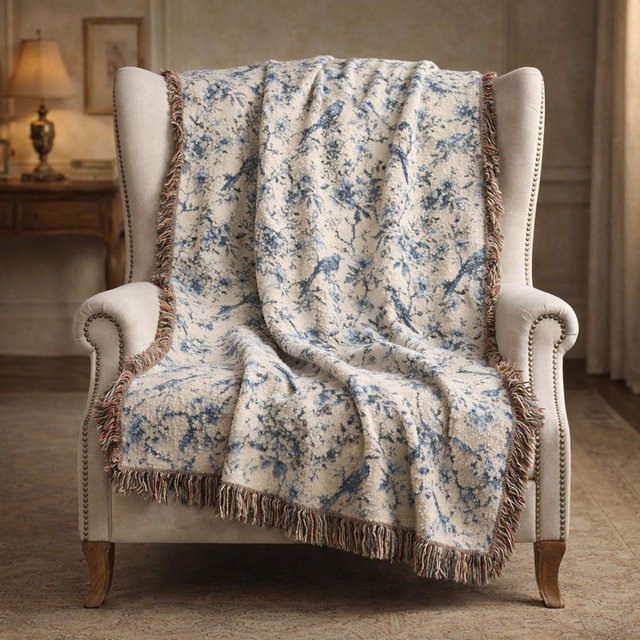 Vintage Toile de Jouy Woven Blanket – Blue Floral Tapestry Throw for French Country Style Home Decor, Blue and White Birds & Flowers Pattern