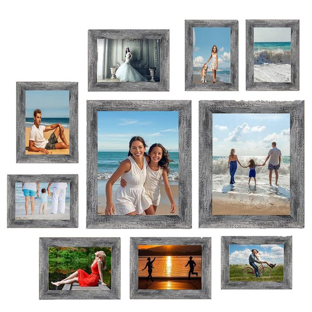 Pacome 10Pack Picture Frames set with Two 11x14, Four 8x10, Four 5x7 Gallery Wall Frame Set,Collage Picture Frame,Farmhouse wood Photo Frames for living room Wall Gallery Decor or Desk,Rustic Black