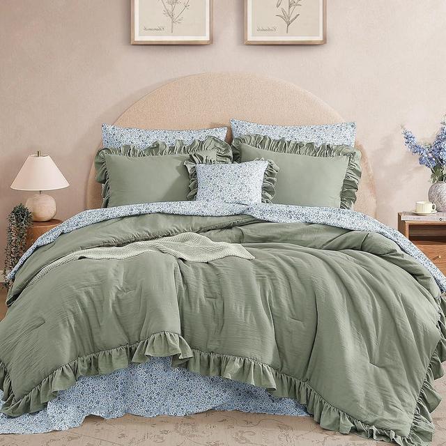BLOOMHAVEN Queen Comforter Set - 7 Pieces Ruffle Sage Green Bedding Sets, Shabby Chic Farmhouse Bed in a Bag Queen with Ruffle Comforter, Floral Sheets, Pillowcases & Shams