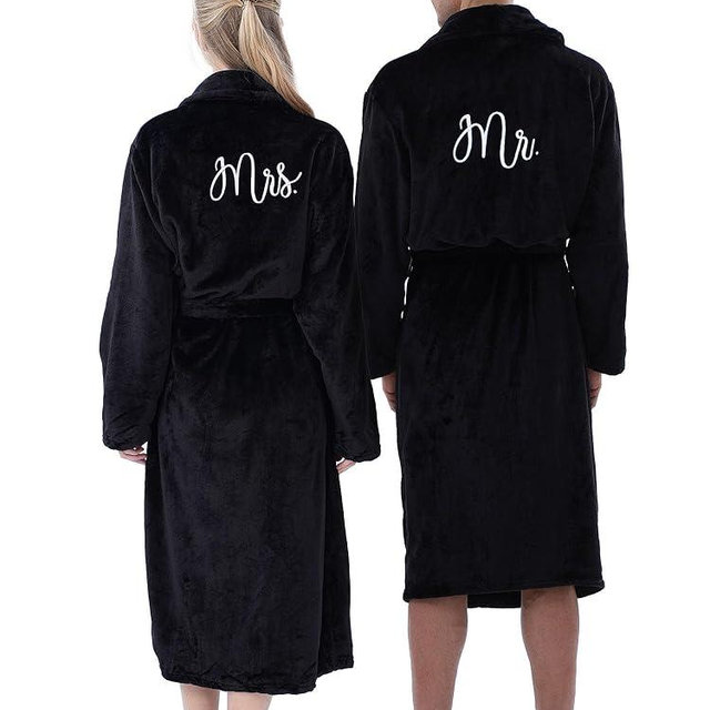 Jecery 2 Pcs His and Hers Robes for Couples Mr and Mrs Bathrobes Flannel Embroidered Matching Robes Valentine Wedding Gifts
