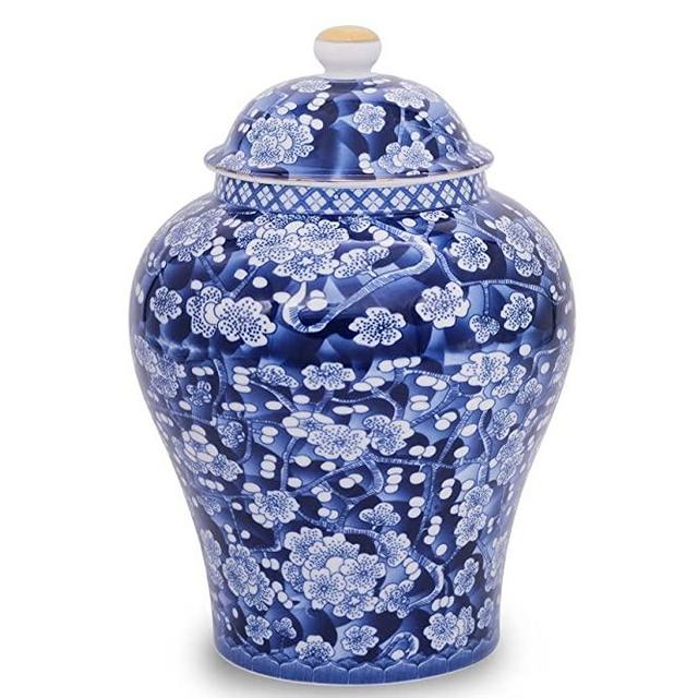 BALIOS Mandarin Blue and White Porcelain Plum Blossom Ginger Jar with Lid, Decorative Ceramic Bud Vase for Home Décor, Centerpiece Table Decoration Floral Arrangement (Blue and White Plum Blossom)