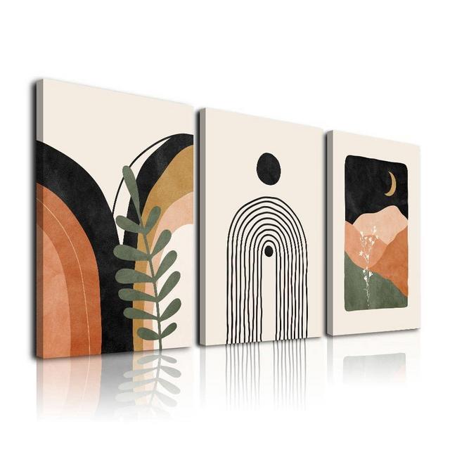 Boho Wall Art Set Of 3，Boho Room Decor, Mid Century Modern Wall Art，Neutral Abstract Geometric Prints Black Beige Orange Minimalist Art Framed Canvas Prints Artwork 12" X 16" Ready To Hang For Bathroom Bedroom Wall Decor