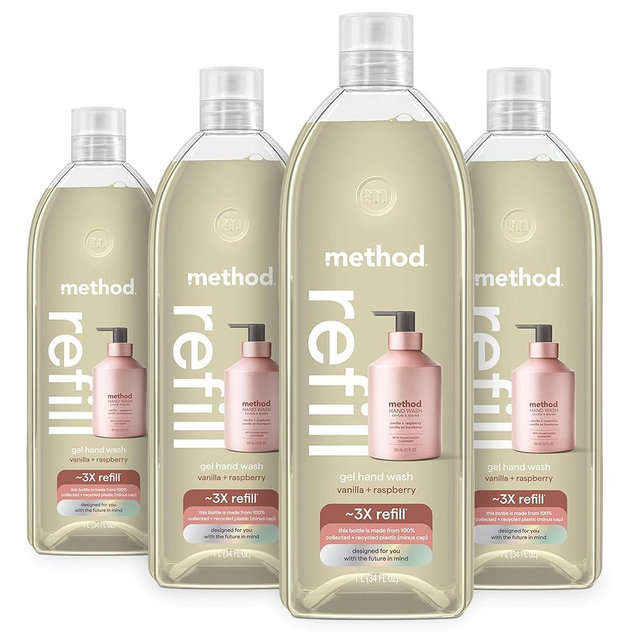 Method Premium Gel Hand Soap Refill, Vanilla + Raspberry, Recyclable Bottle, Biodegradable Formula, 34 fl oz (Pack of 4) (Packaging May Vary)