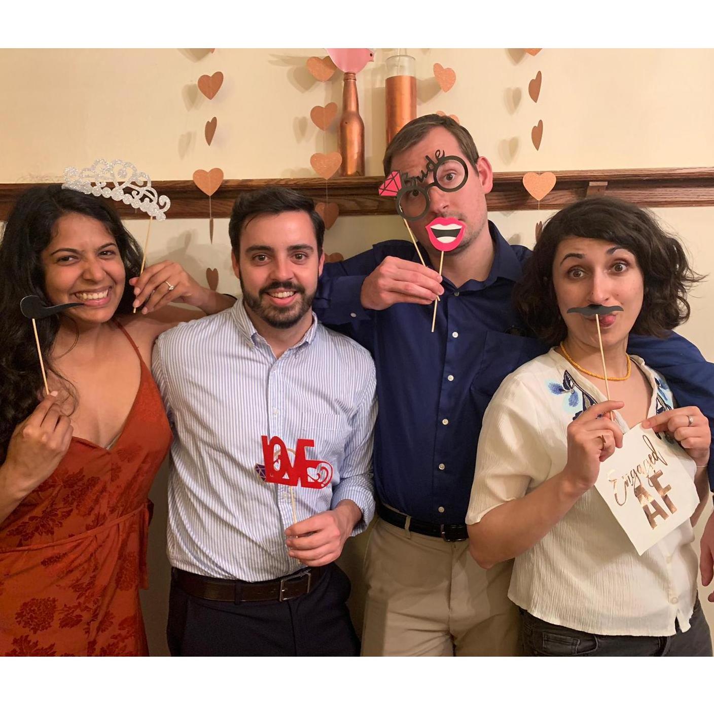 Eric and Duygu at their engagement party with their friends, Mr. and Mrs. Watermelon.