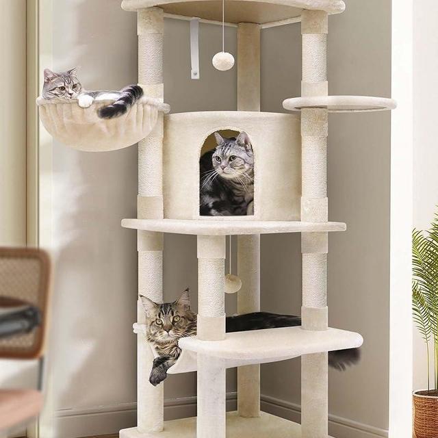 Globlazer Corner Cat Tree for Large Cats, 51in Curved Series Modern Cat Tower for Indoor Cats with Hammock, 7 Sisal Scratching Posts, Large Fan-Shaped Platform, Cat Condo & Hanging Basket, C51, Beige​
