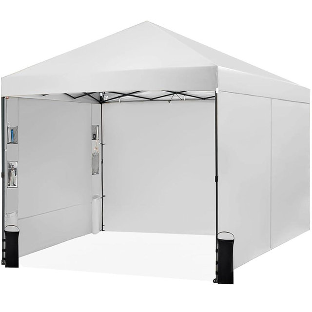 Tunbne 10X10 Comercial Pop Up Canopy Tent with 4 Sidewalls and 6 Pockets, One Push Setup Center Lock, for Beach Patio Outdoor, Case, 8 Stakes, 4 Ropes, 4 Sandbags (Snow White​)