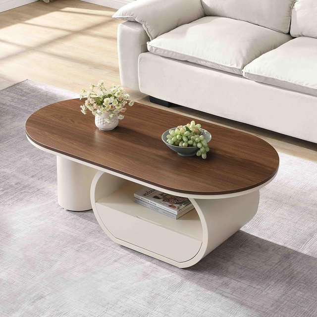 Luxury Oval Coffee Table, 47'' Modern Living Room Table with Storage Drawer, Large Center Tables for Home Apartment (White + Walnut)