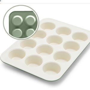 GreenLife 12-Cup Muffin Pan, Healthy Ceramic Nonstick Bakeware, PFOA & PFAS-Free Cupcake Tray, Durable Baking Pan, Versatile Kitchen Essential, Easy Clean Muffin Mold, Nonstick Baking Sheet, Sage