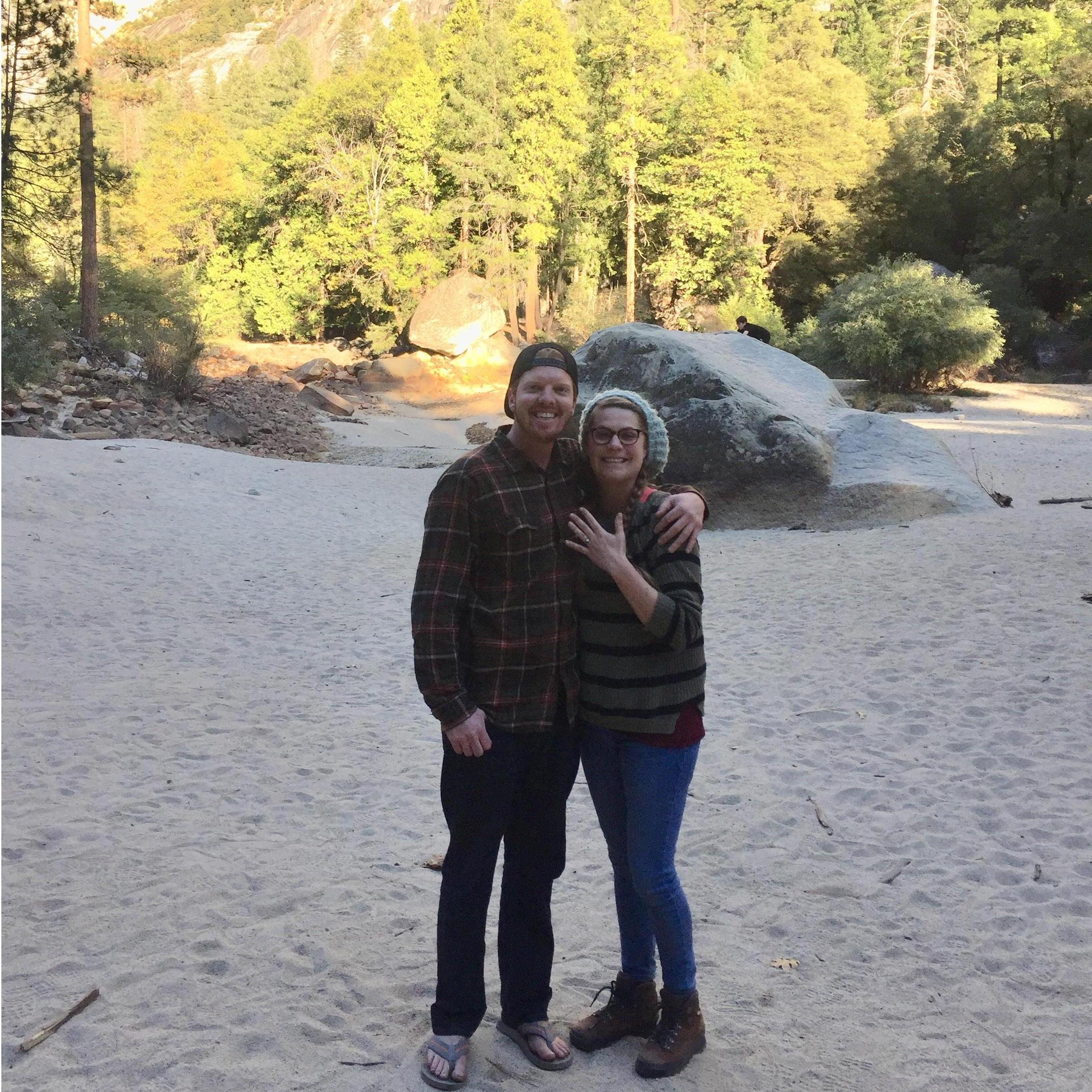 Moments after Jack proposed at (an empty) mirror lake right below half dome in Yosemite.