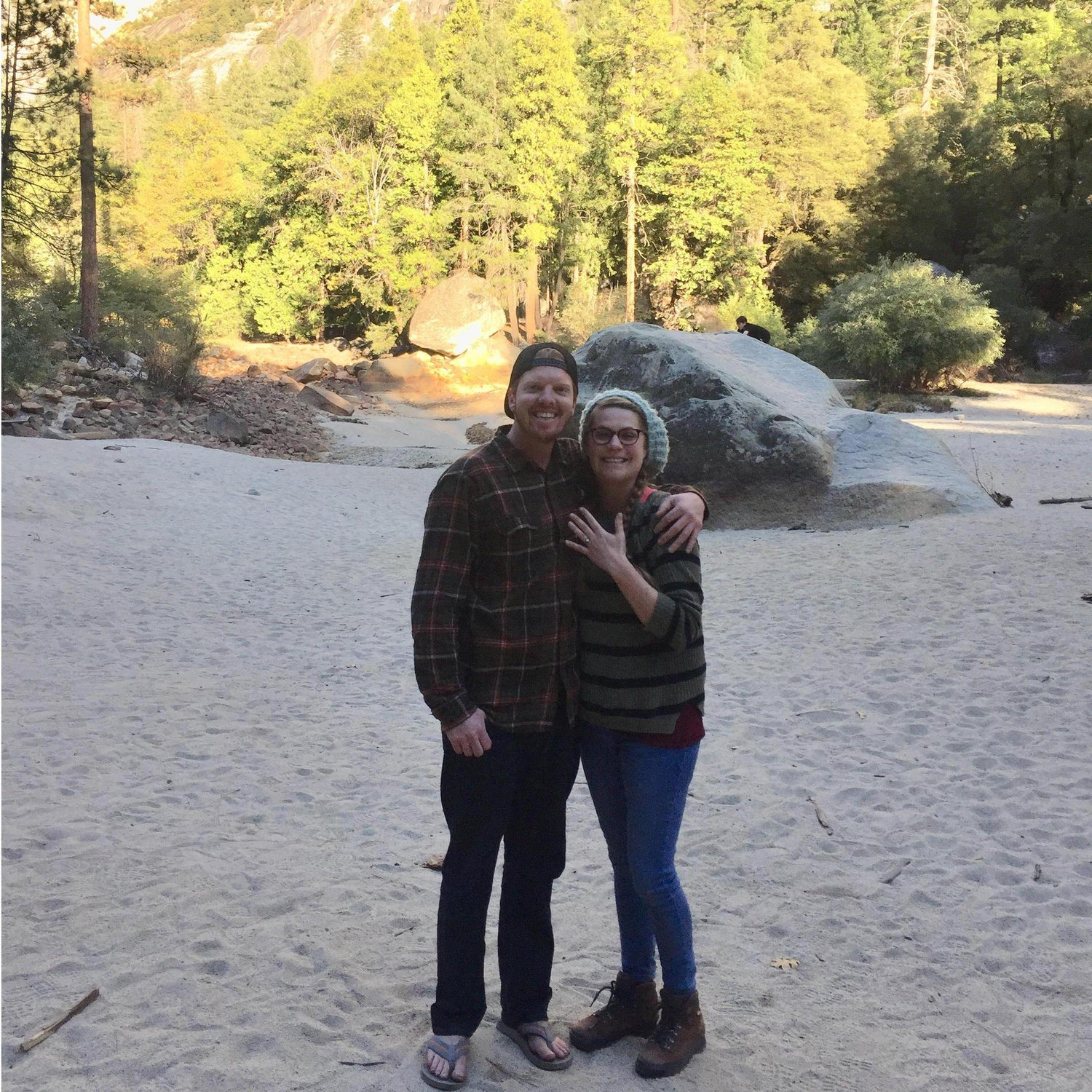 Moments after Jack proposed at (an empty) mirror lake right below half dome in Yosemite.