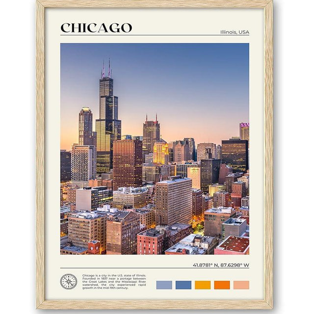 HesenDot Natural OAK Wood Chicago Cityscape Framed Wall Art,12x16in City Skyline Canvas Wall Print,Modern Urban Landmark Wall Decor for Living Room,Bedroom,Office Gallery Gifts Set of 1