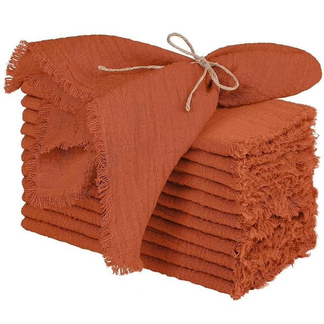 TURSTIN 12 Pieces Cotton Linen Cloth Napkin Handmade Cloth Napkin with Fringe 17 x 17 Inch Soft Cloth Dinner Wedding Napkin Square Rustic Fringe Napkin for Dinners, Parties, Weddings, Rust