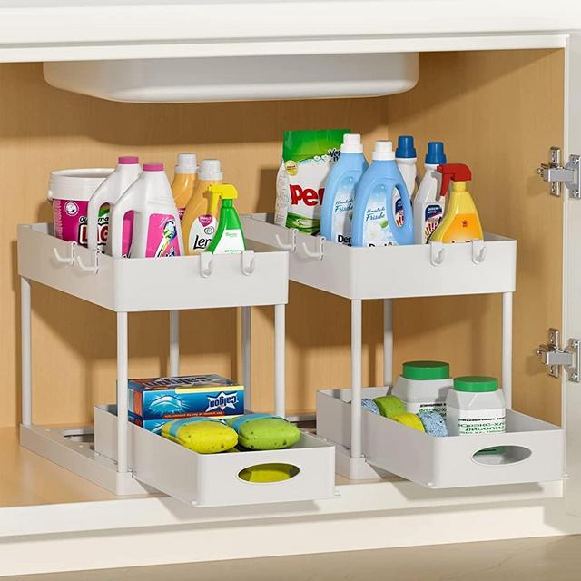 2 Pack Sliding Cabinet Basket Organizer Drawers, Multi-Purpose Under Sink Organizers and Storage for Bathroom Kitchen Under Sink Organizer with Hooks The Bottom Can Be Pulled Out by Handles, White