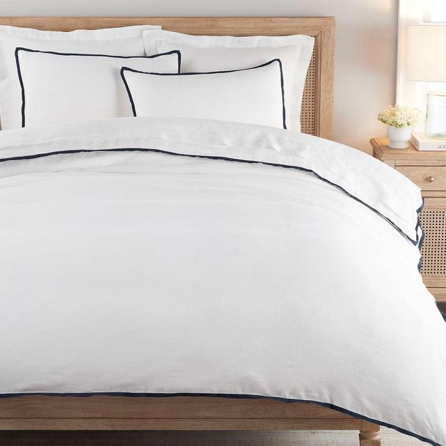 Belgian Flax Linen Contrast Flange Duvet Cover, Full/Queen, White/Midnight