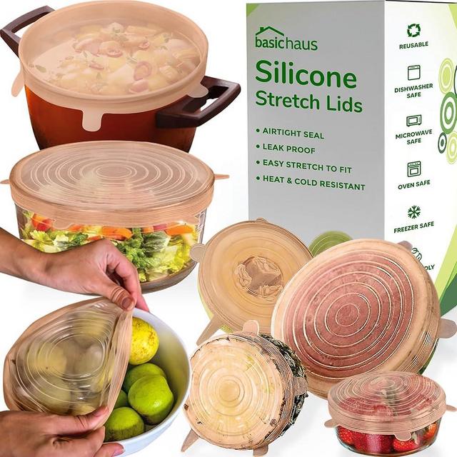 Reusable Silicone Stretch Lids for Food Storage in Fridge - Elastic Heat-Resistant Bowl Covers, Cups, Cans, Jars - Universal Food Grade Lid for Round and Rectangle Containers -7 Pack - Peach Glow