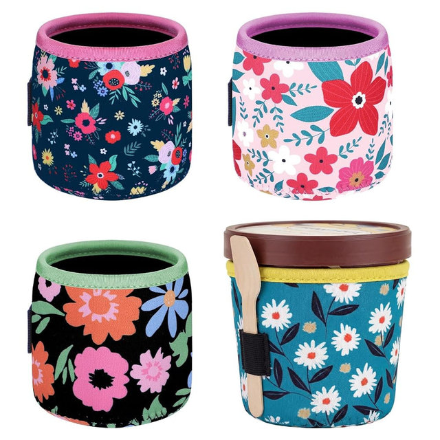 Chengu 4 Pack Ice Cream Pattern Print Size Ice Cream Sleeves Neoprene Cover with Spoon Holder Cover