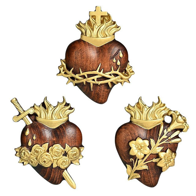 bgcarpenter Three Sacred Hearts Wall Decor Wooden Sacred Heart of Jesus Immaculate Heart of Mary The Most Chaste Heart of Joseph, Religious Handmade Holy Family Wall Art - 4Inch