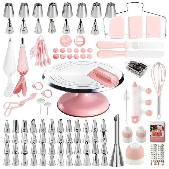 Cake Decorating Kit, 138pcs Cake Decorating Supply with Aluminium Cake Turntable, 64 Numbered Icing Piping Tips, 2 Spatulas, 3 Icing Comb Scraper and Leveller, 32 Piping Bags,cake decorating tool