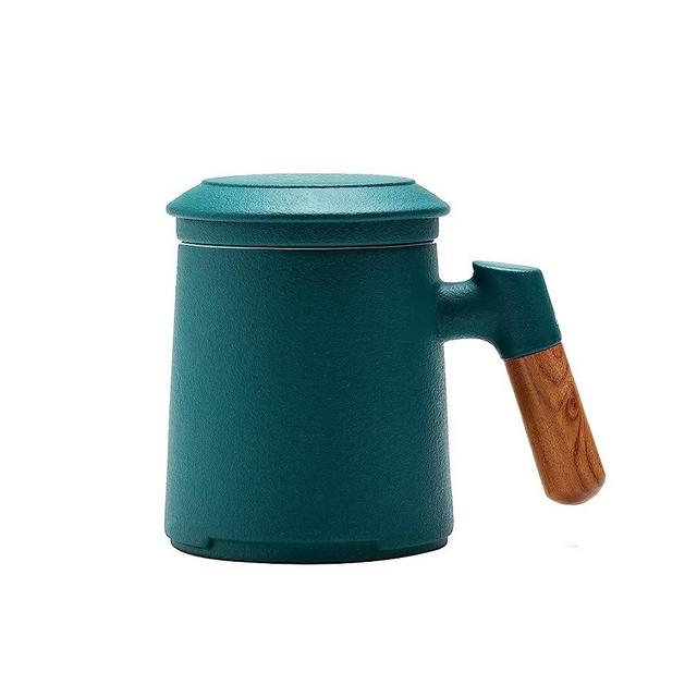 ZENS Tea Cup with Infuser and Lid,13.5 Ounce Ceramic Loose Leaf Tea Mug with Rosewood Handle, Stoneware Glazed Tea Steeping Mug for Gifts, Dark Green