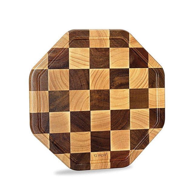 TJ POP End Grain Wood Cutting Board With Juice Groove,Octagon Serving Board For Kitchen,Flippable Charcuterie Board For Cheese,Bread & Fruits, 12x12x0.8Inch