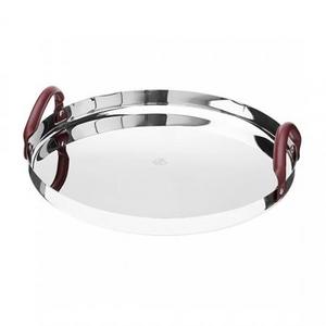 Christofle Round Tray in Mirror Polished Stainless Steel with Leather Handles