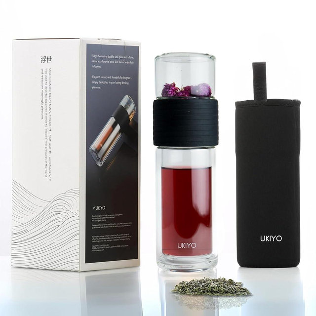 Ukiyo Sense Premium Double-Wall Glass Tea & Fruit Infuser Bottle - Travel Tumbler with Stainless Steel Filter and Neoprene Sleeve