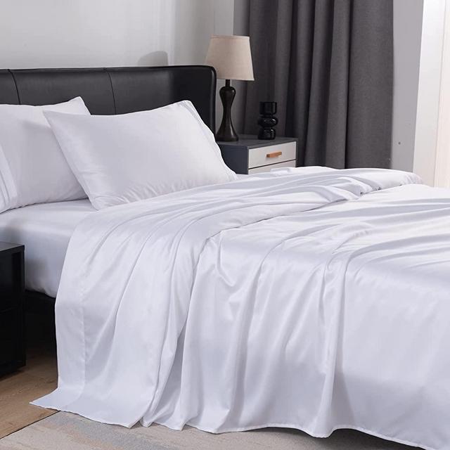 MISERRO King Sheets - 100% Sateen Bed Sheets Set - 4pc Silk Like Cooling Sheets for King Size Bed - 18" Deep Pocket (King, White)