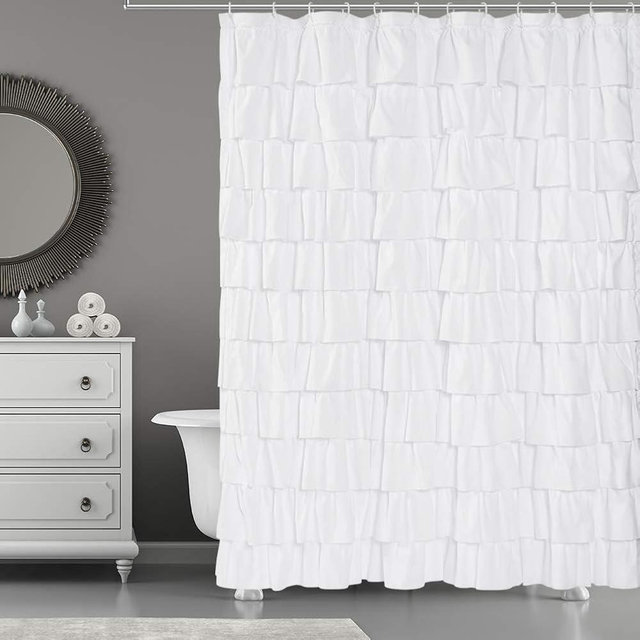 WestWeir Ruffle Shower Curtain,84-inches Extra Long,White Ruffled Bath Curtains for Bathroom,Fabric Farmhouse Decor,Soft Touch Decorative Cloth Texture,(L84xW72 inch,1 Panel)