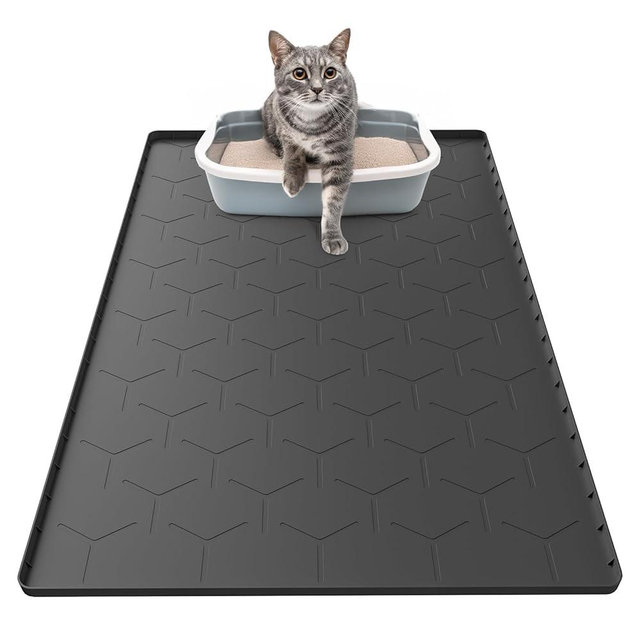 Garoopion Silicone Cat Litter Trapping Mat, Large Waterproof 34" X 22" Cat Litter Box Mat, Easy to Clean, Black