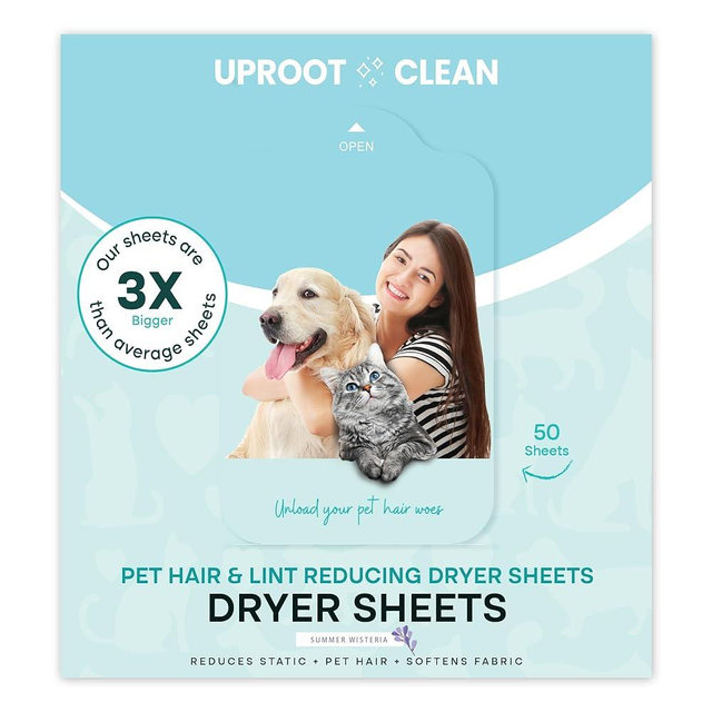 Uproot Clean Dryer Sheets Pet Hair Reducing - Pet Hair Remover for Laundry - Breaks Static Bonds and Prevents Dog and Cat Fur from Sticking to Clothes - Softens, Freshens, & Reduces Wrinkles - 50ct