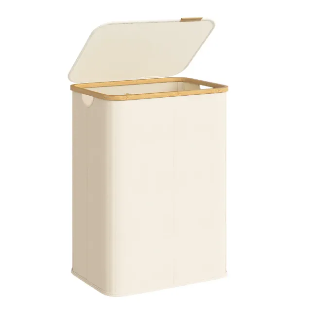 SONGMICS Laundry Hamper, Laundry Basket with Lid, Foldable Storage Basket, Bamboo Frame, Oxford Fabric, 37 Gal. , Cream White