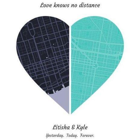 This is a mockup of our Love Poster.  The city maps are Toronto on the left and Philadelphia on the right.  Litisha is from Toronto and Kyle is from Philadelphia.