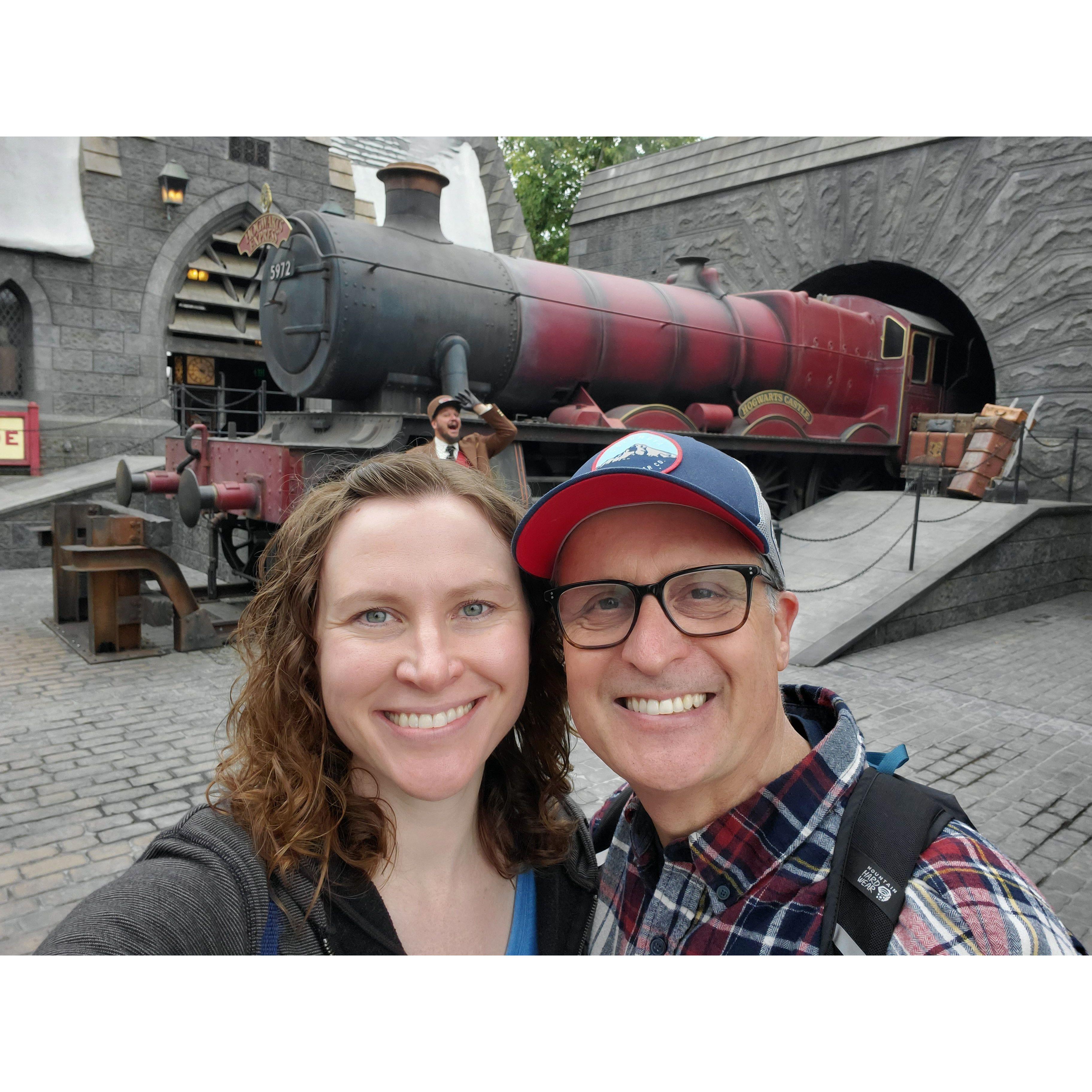 The train at the Wizarding World of Harry Potter (and its conductor just above us)
