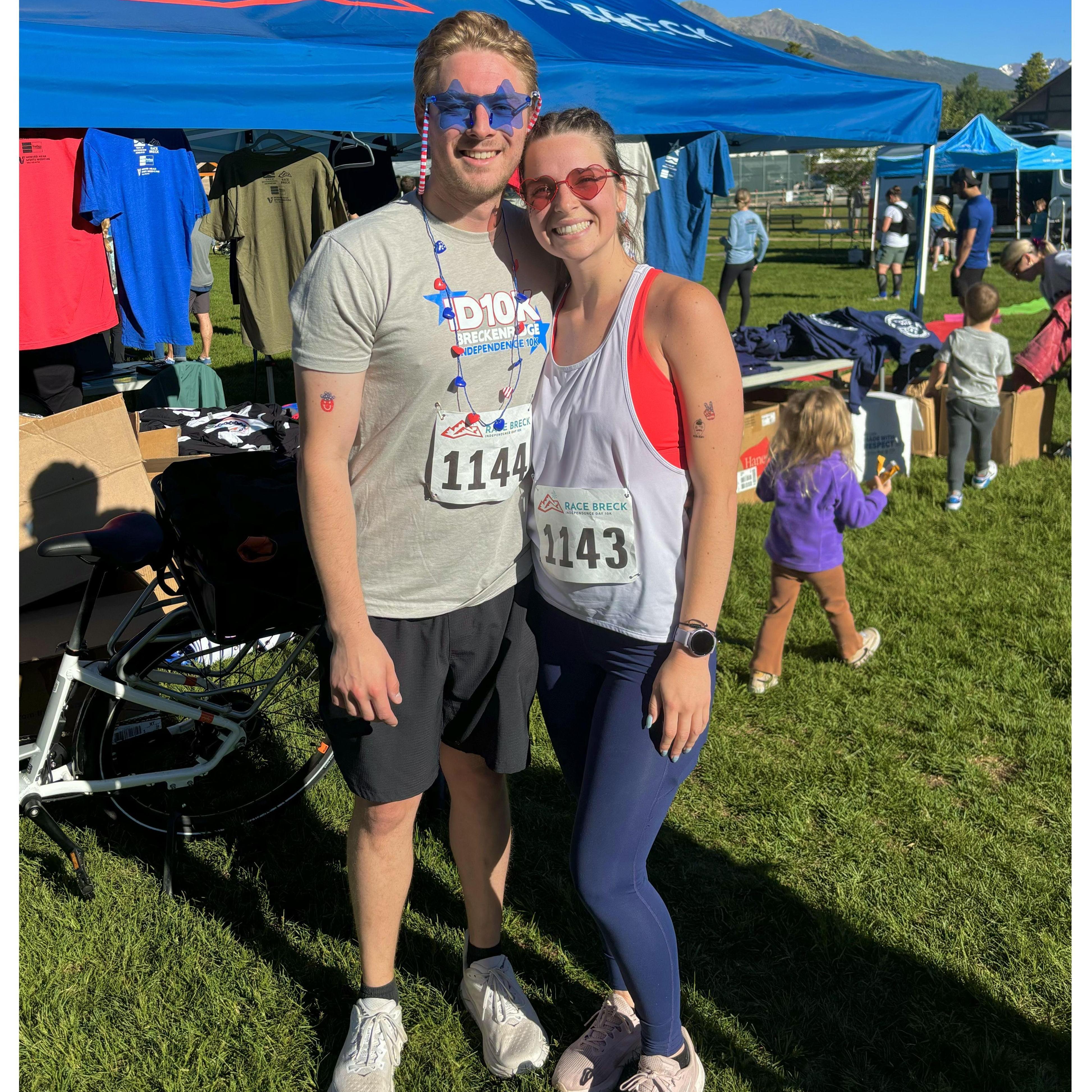 We ran a 10k in Breckenridge for the 4th of July in 2024. This photo pretty well encompasses the type of dates we like to go on!