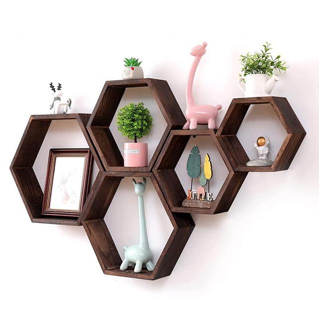 WONFUlity Hexagon Floating Shelves Set of 5，Wall Mounted Wood Farmhouse Storage Honeycomb Wall Shelf ,Walnut Hexagonal Decor Wall Shelves for Bedroom, Living Room, Office, Screws Anchors Included