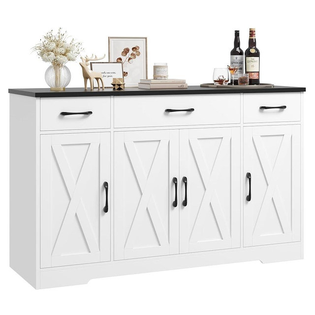 HOSTACK Buffet Sideboard Cabinet with Drawers, 55" Large Buffet Storage Cabinet with Shelves and Doors, Modern Farmhouse Coffee Bar Cabinet Wood Buffet Table for Kitchen, Dining Room, White/Black