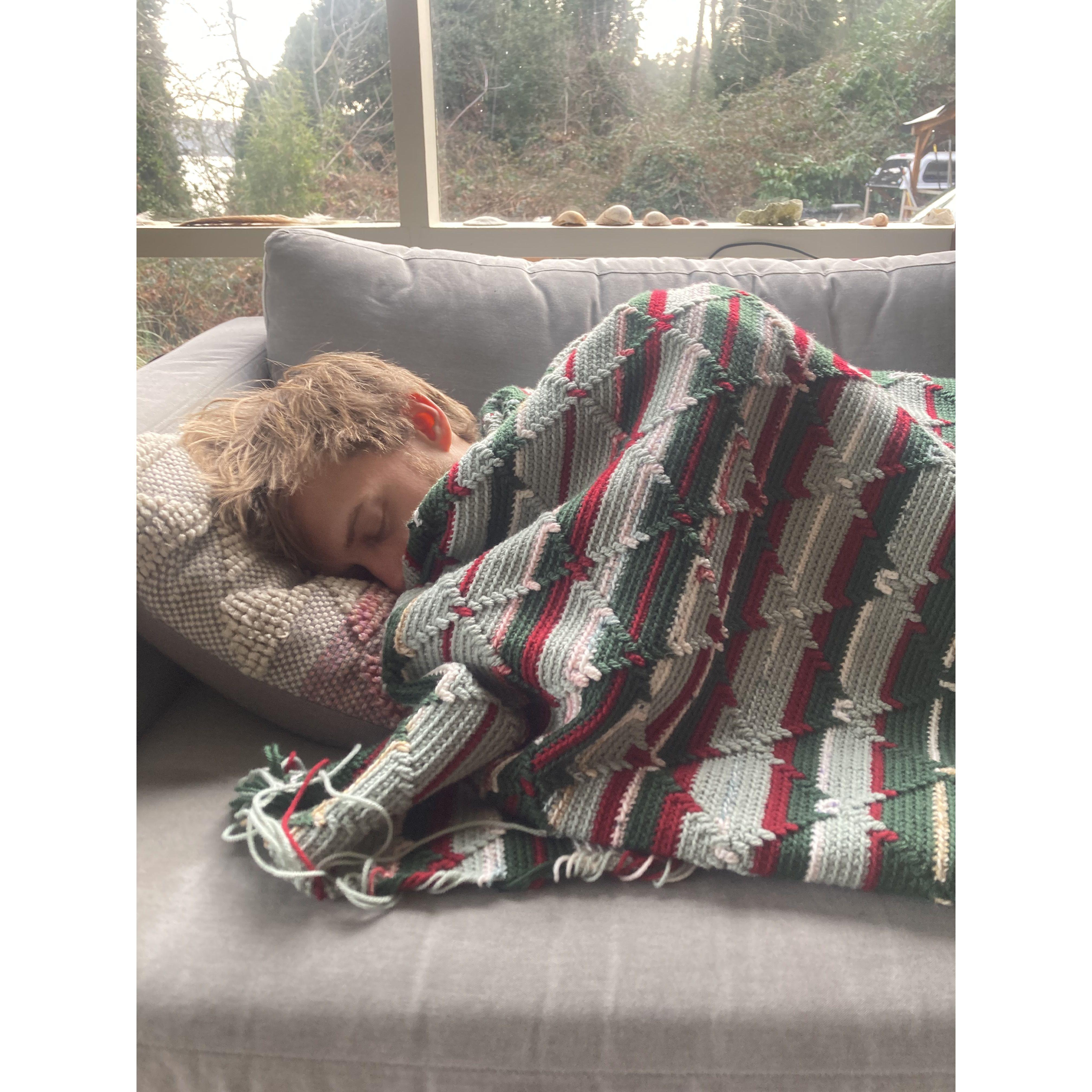 Charlie napping in his beloved blanket crochet'd my Laina!