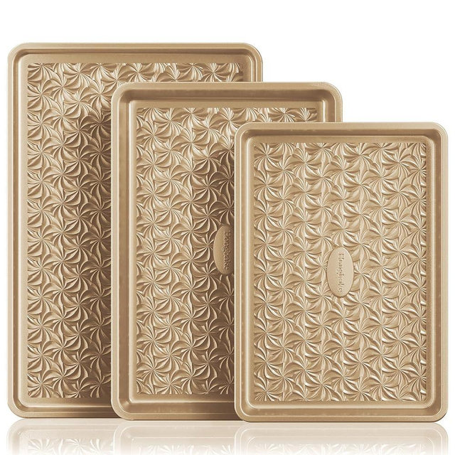 HONGBAKE Nonstick Baking Sheet Pan Set of 3, Cookie Sheets for Oven, Non-Toxic Half/Quarter/Jelly Roll Pans with Floral Swirl Texture, Heavy Duty 0.8mm Thick Oven Trays for Cooking, Antique Gold