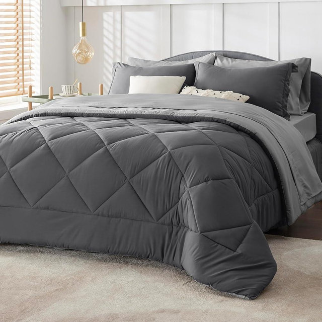 Bedsure Twin Comforter Set - 5 Pieces Reversible Dark Grey Bedding, Twin Size Bed Set for All Seasons, Bed in a Bag with Down Alternative Comforter, Sheets, Pillowcase & Sham