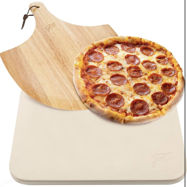 HANS GRILL PIZZA STONE | Rectangular Pizza Stone For Oven Baking & BBQ Grilling With Free Wooden Peel | Extra Large 15 x 12" Inch Durable Cordierite Cooking Stone.