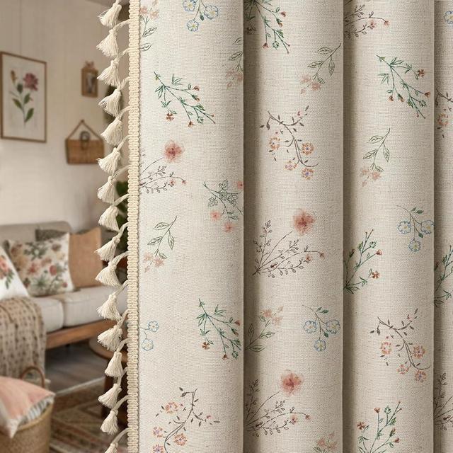 XOGUIBO Boho Floral 100% Blackout Curtains 84 Inch Length 2 Panels Set, Linen Texture Farmhouse Curtains Beige Tassel for Living Room Bedroom Vintage Rustic Patterned Printed Western Rod Pocket