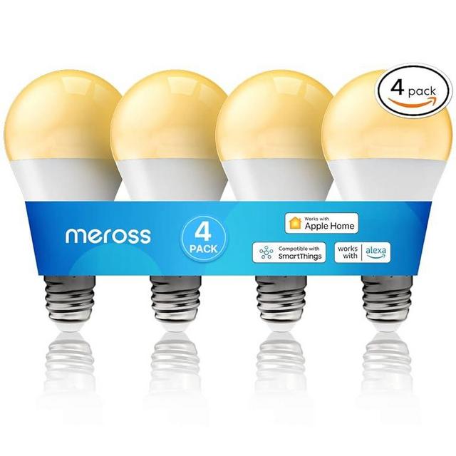 meross Smart Light Bulb, Dimmable Wi-Fi LED Bulb Compatible with Apple HomeKit, Siri, Alexa, SmartThings, A19 E26 Warm White 2700K, 810 Lumens 9W 60W Equivalent, No Hub Required, 4 Pack