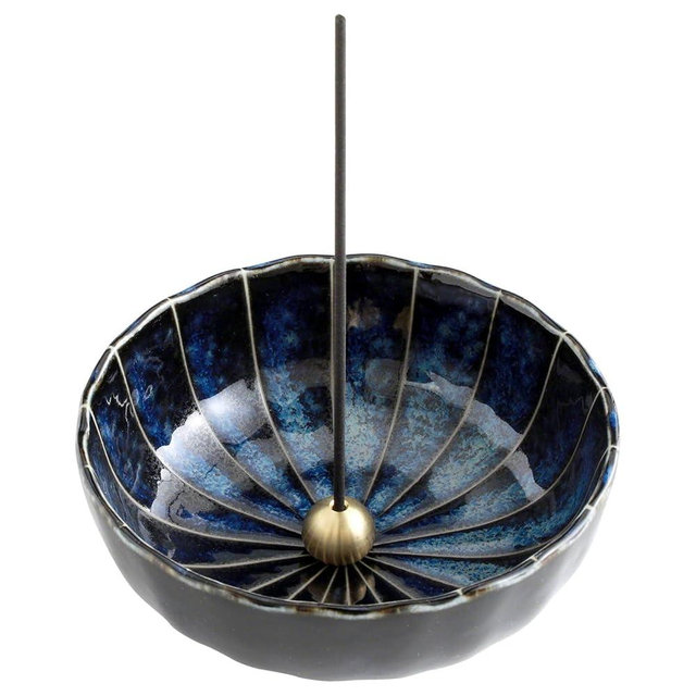 Asayu Japan Lotus Incense Holder for Sticks 4.1 inch (105 mm), Traditional Made in Japan Ceramic Ash Catcher and Brass Incense Burner Set - Navy Dark Blue Lotus