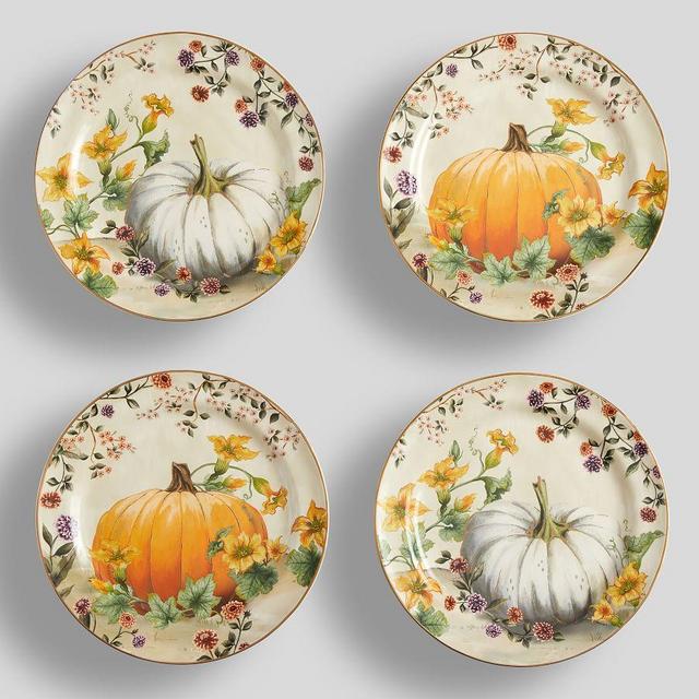 Botanical Harvest Pumpkin Stoneware Dinner Plates, Set of 4
