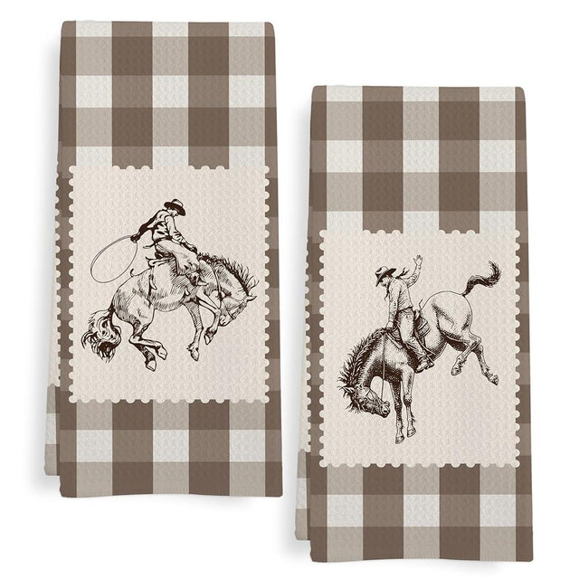 GWFSJYU Western Cowboy Kitchen Towels Set of 2, Trendy Cowboy Horse Dish Tea Towels for Kitchen, Rustic Brown Western Hand Towel for Bathroom Decor, 16x24 Inch